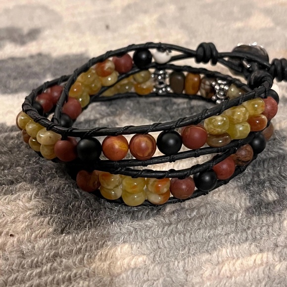 Double Wrap Leather Bracelet - Jasper, Jade, Onyx, Artisan Button Clasp -UNISEX - Picture 4 of 10